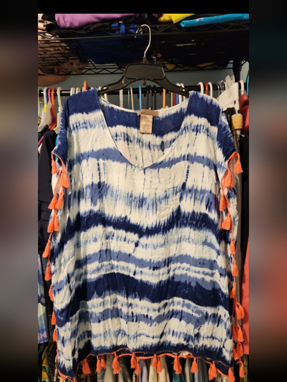 PRELOVED C&T Beach Size Large Blue & White Tie-Dye Tunic with Orange Tassels